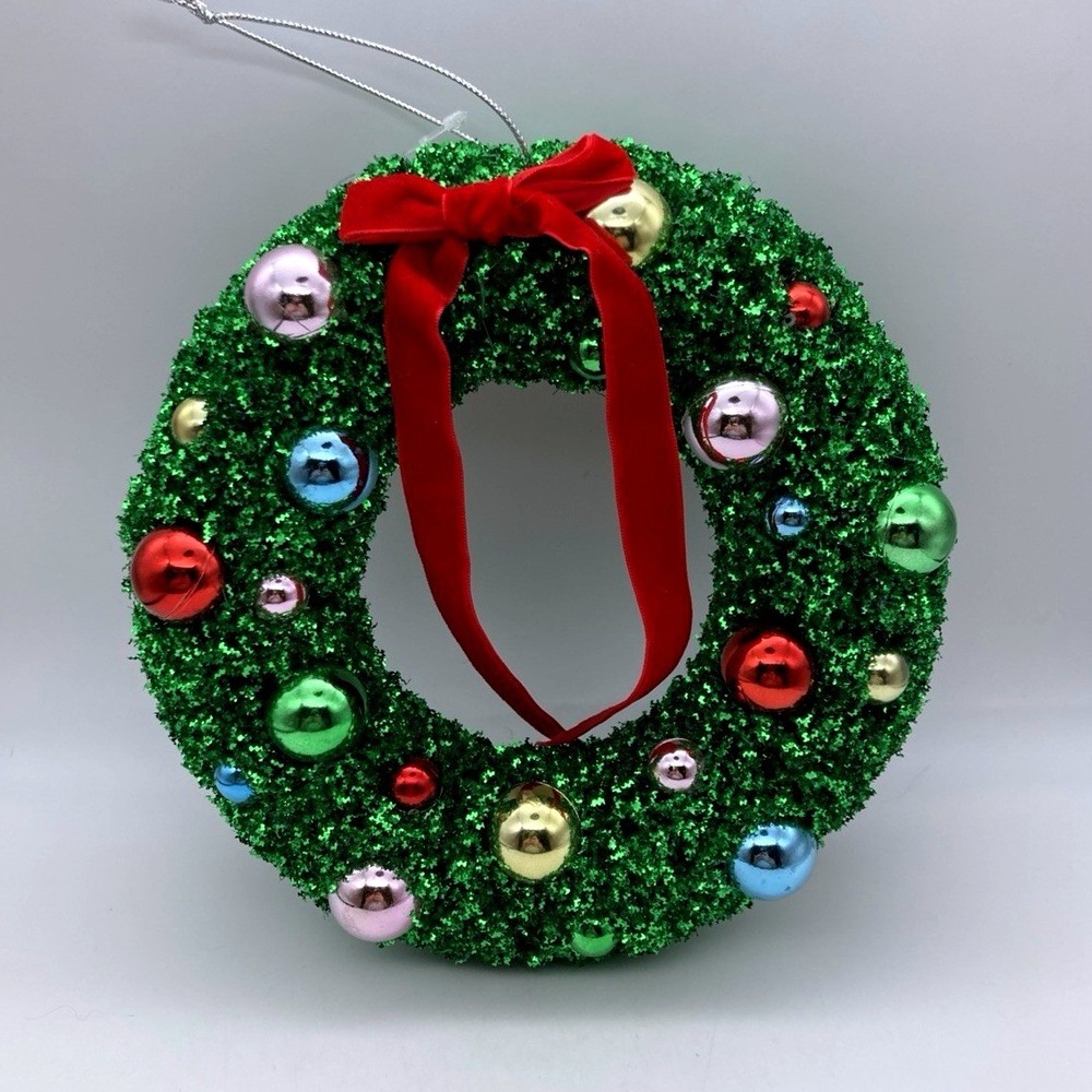 World Market Metallic Kelly Green Bottlebrush Christmas Wreath Hanging 8" New